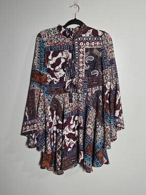 Romeo & Juliet Couture Paisley Patchwork Mock Neck Bell Sleeve Mini Dress Size S